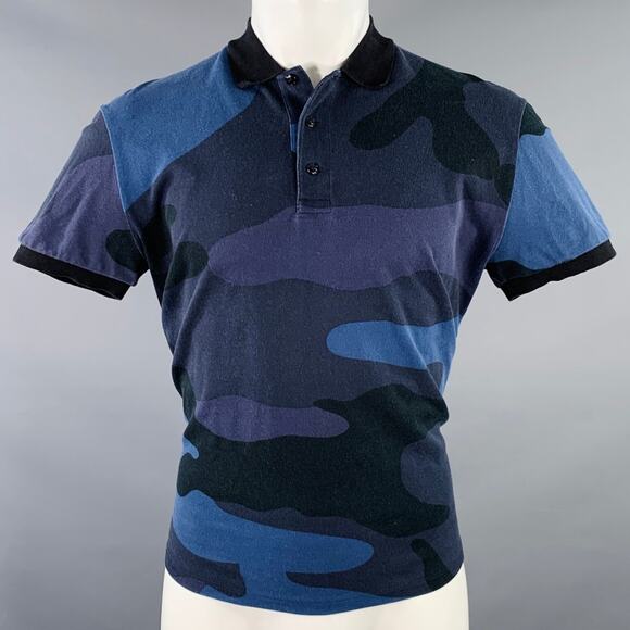 VALENTINO Size M Black Blue Camouflage Cotton Buttoned Polo - Picture 1 of 10